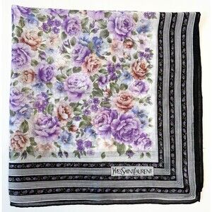 YSL Yves Saint Laurent Scarf Purple Floral w/ Black Striped Border Vintage